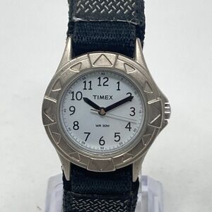 Timex Watch Women 28mm Silver Tone Matte Nylon Band WR 30M New Battery 9" 2015